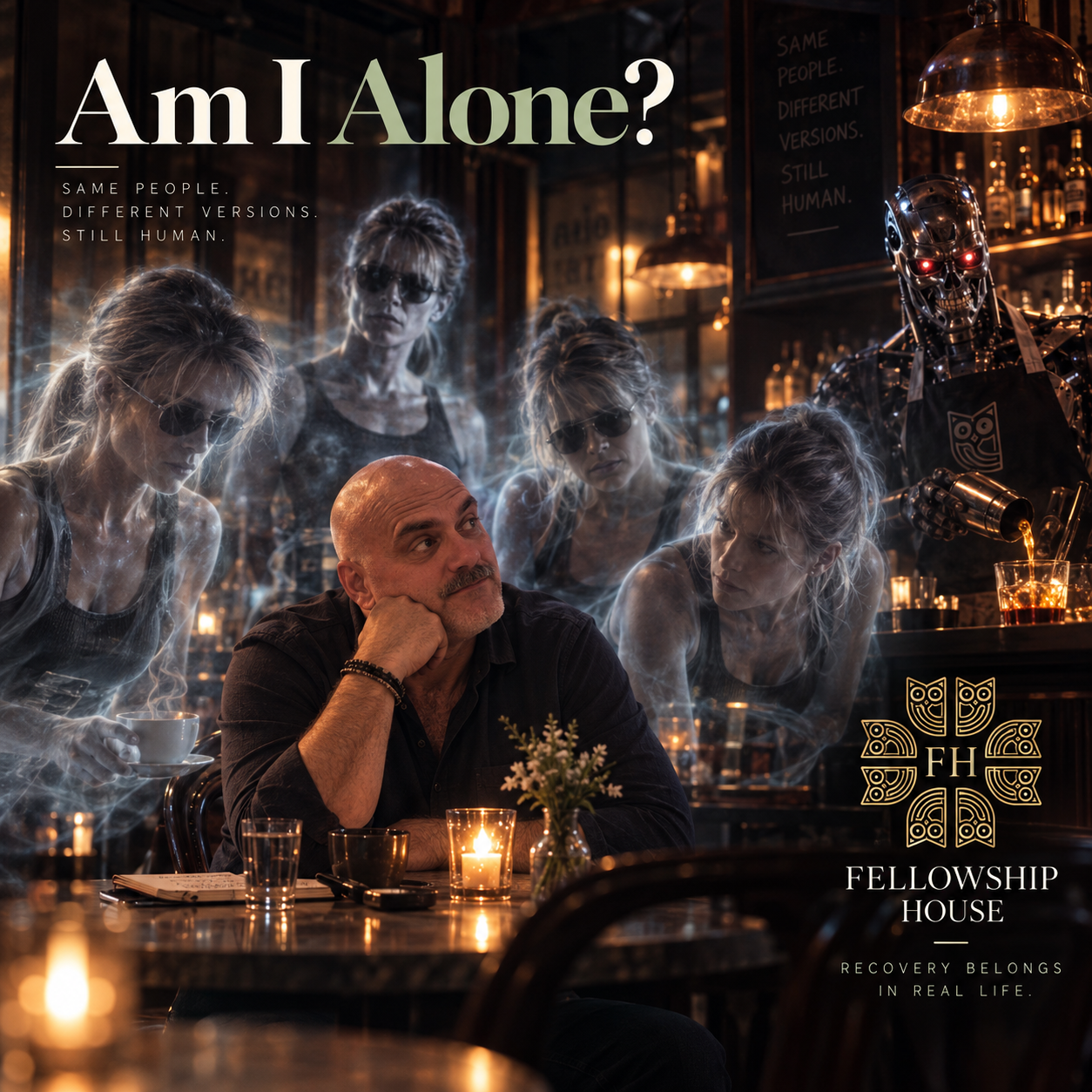 Am I Alone? A man sits in a candlelit bar among ghostly figures, with a robotic bartender and Fellowship House branding.