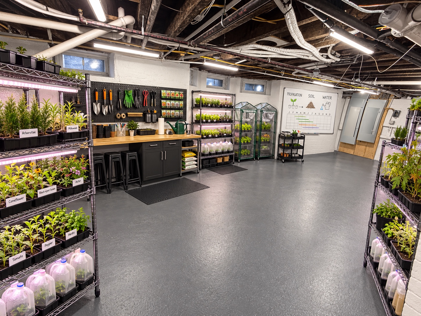 Concept rendering of the planned propagation lab, with seedling shelves and a shared workbench