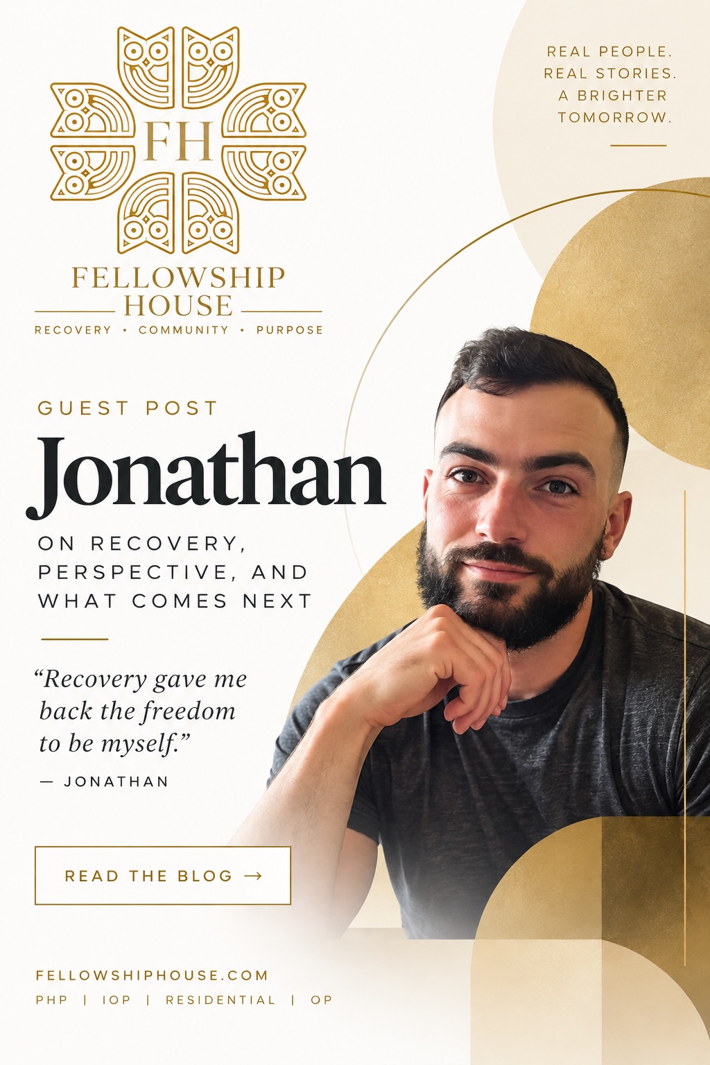 Original Fellowship House guest post artwork featuring Jonathan and the words “Recovery gave me back the freedom to be myself.”