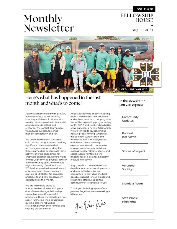 Fellowship House monthly newsletter cover, August 2024, issue #01
